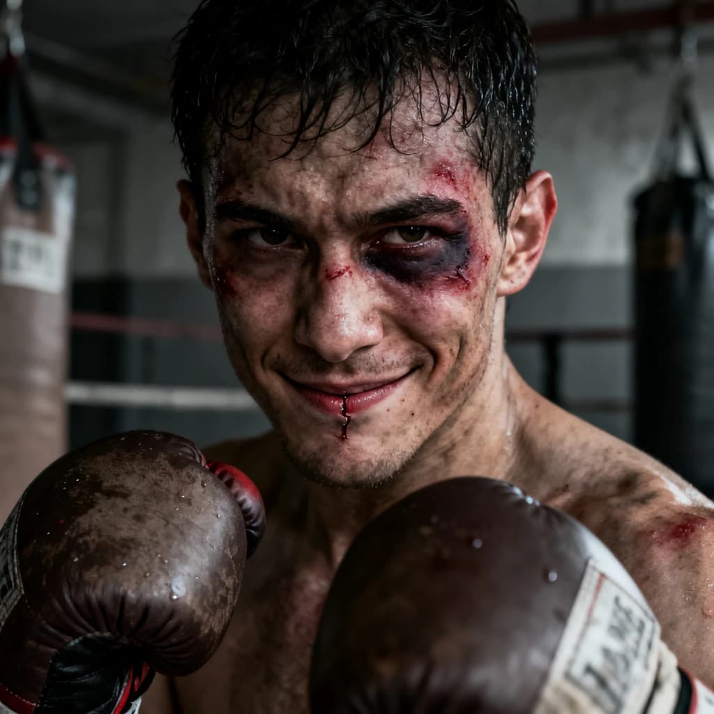 Paint a bruised boxer smiling, serious expression.