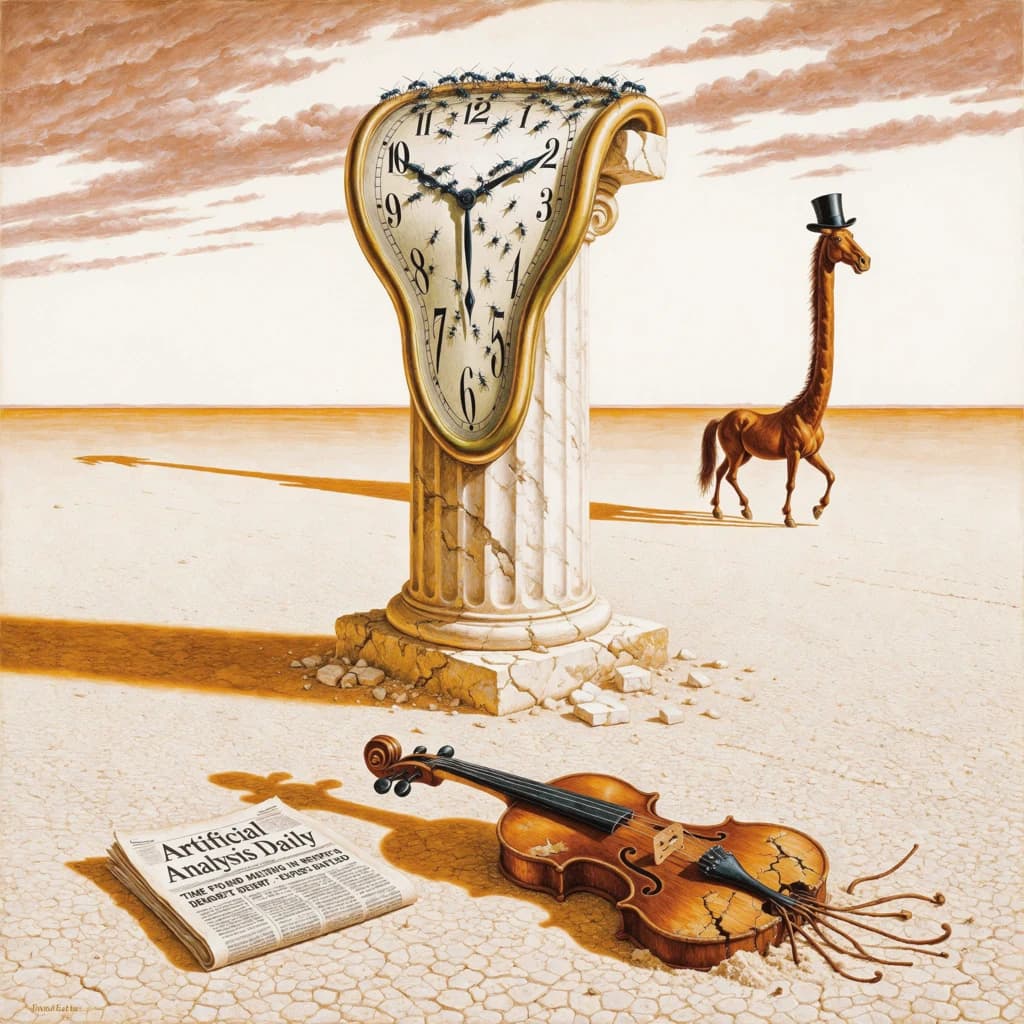 A vast desert plain stretches endlessly under a sky streaked with pale pink and ochre clouds. In the center stands a colossal clock, its face drooping and melting over the edge of a broken marble column. Ants swarm across its warped surface, glinting in the harsh sunlight. To the right, a horse with a giraffe like neck wearing a top hat strides toward the horizon, its shadow stretching miles across the sand. A cracked violin lies half-buried in the foreground, strings snapping outward like veins. Painted in the dreamlike surrealist style. A newspaper named the "Artificial Analysis Daily" lies on the Floor.