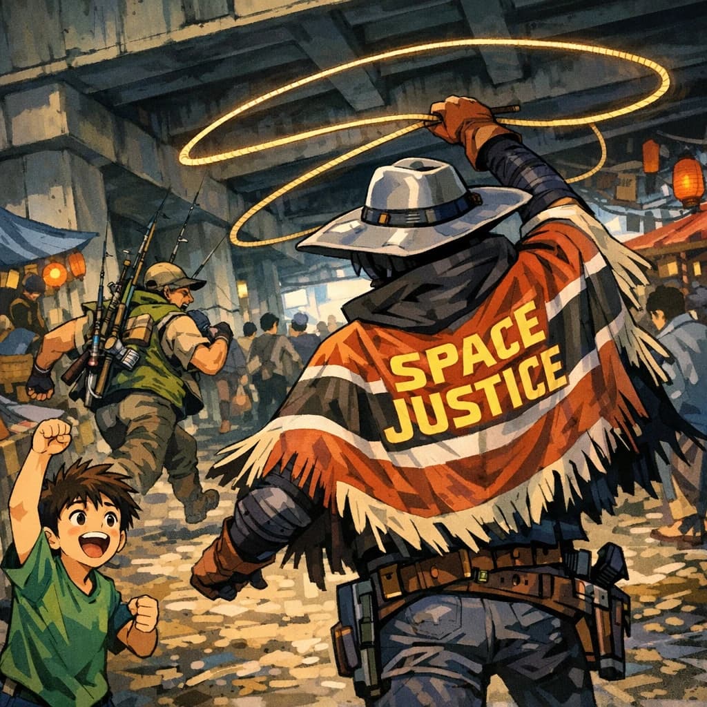 The space cowboy chases the deranged fisherman underneath the causeway, eager to collect on his bounty. Fishing rods and lines hang off the back off the fishermen as he darts between the bustling market crowd. We see the back of the space cowboy in his space poncho emblazoned with the words SPACE JUSTICE, spinning his lasso over his head. A child on the sidelines excitedly cheers the cowboy. 1990s hand drawn anime style with strong fluidity