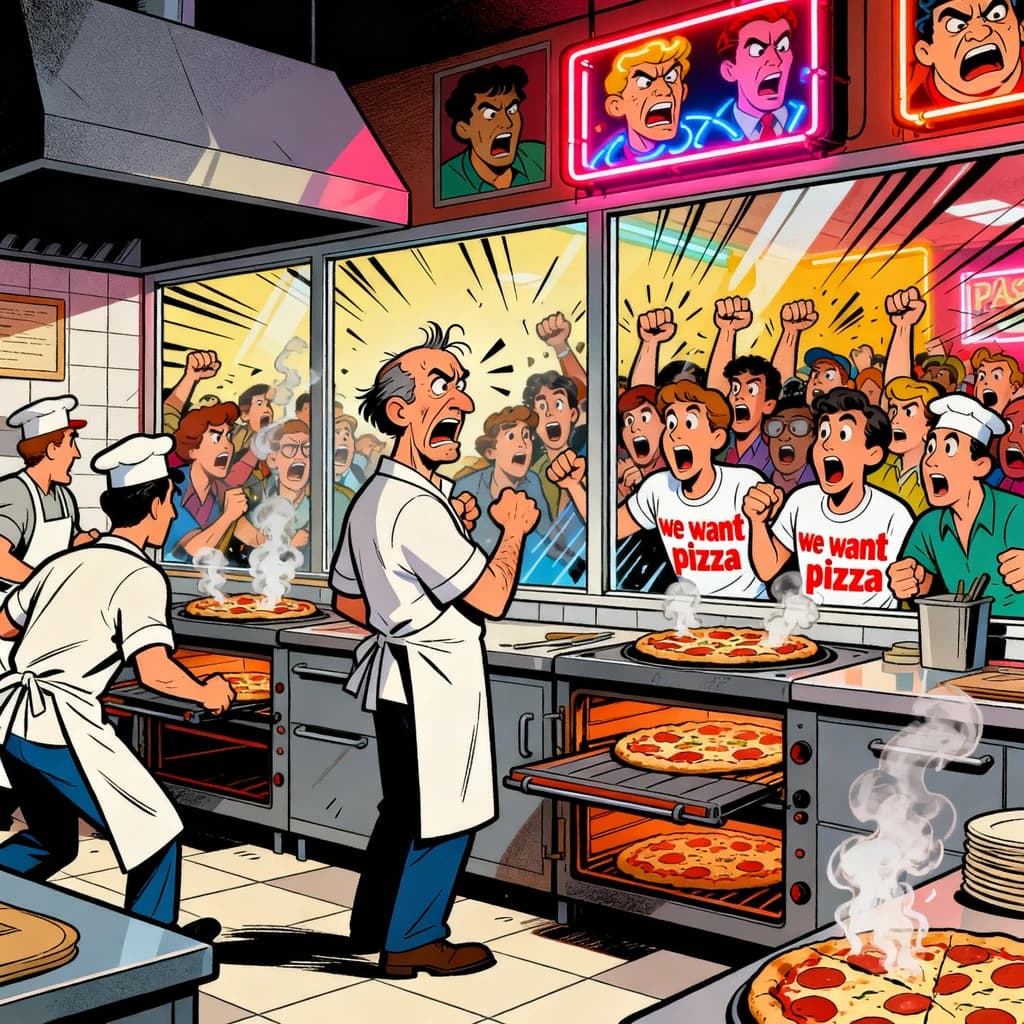 Pasquale is pulling his few remaining hairs out over a disaster at the pizzeria - the cooks are working as fast as they can but the crowds outside are swelling and they demand hot hot pizza! They are banging on the glass and some are wearing "we want pizza" shirts. 1980s western TV animation style.