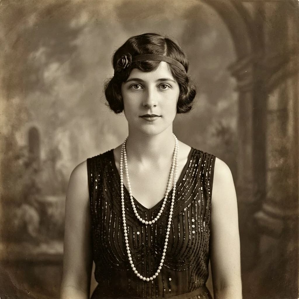 Sepia-toned studio portrait of a flapper with pearl necklace, soft grain.