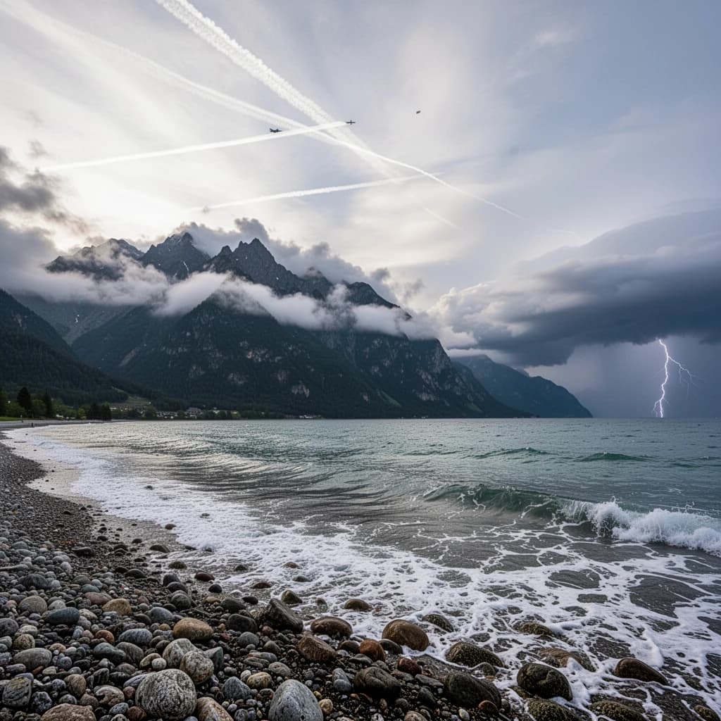 A stunning mountain vista pokes through the cloud top. Contrails from a distant airplane linger in the air. In the foreground there is a stony beach with foamy seas. A thunder storm is visibile in the distant right.