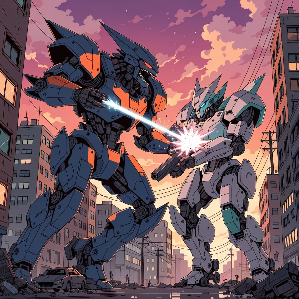 Make a cel-shaded mecha duel at dusk downtown.