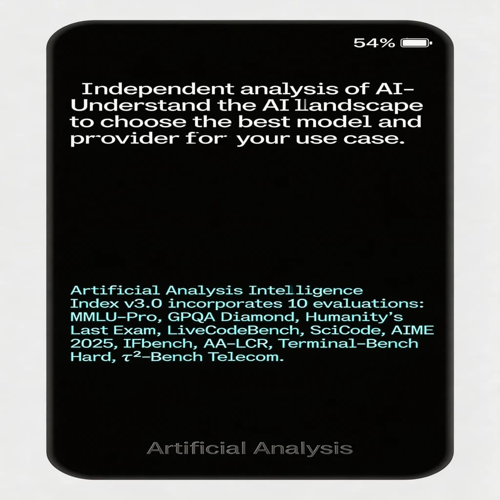 On a black smartphone UI with rounded corners, display a centered text block in white San Francisco font, 16pt: “Independent analysis of AI - Understand the AI landscape to choose the best model and provider for your use case.” Below, in neon cyan, monospace font, smaller size: “Artificial Analysis Intelligence Index v3.0 incorporates 10 evaluations: MMLU-Pro, GPQA Diamond, Humanity's Last Exam, LiveCodeBench, SciCode, AIME 2025, IFBench, AA-LCR, Terminal-Bench Hard, 𝜏²-Bench Telecom.” The second block scrolls horizontally as a ticker. The battery icon in the status bar shows 54%. The Artificial Analysis logo appears faintly, embossed into the bottom navigation bar.