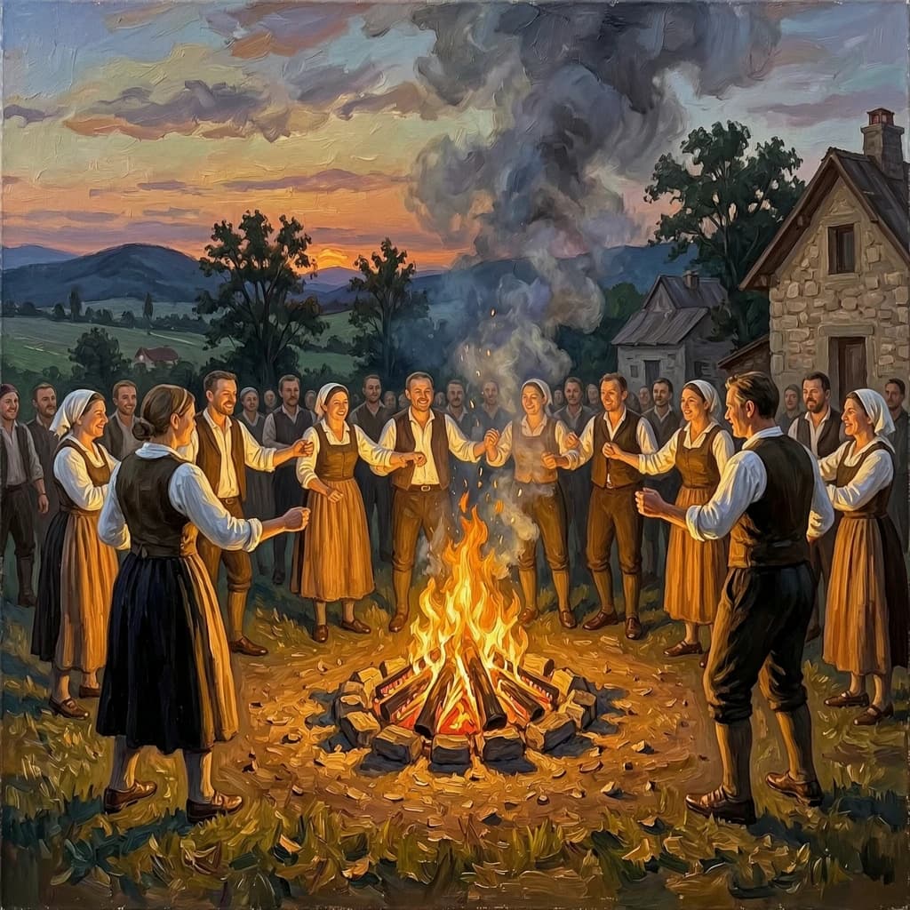 Make an oil painting of villagers dancing by a bonfire at dusk, a bit smoky.