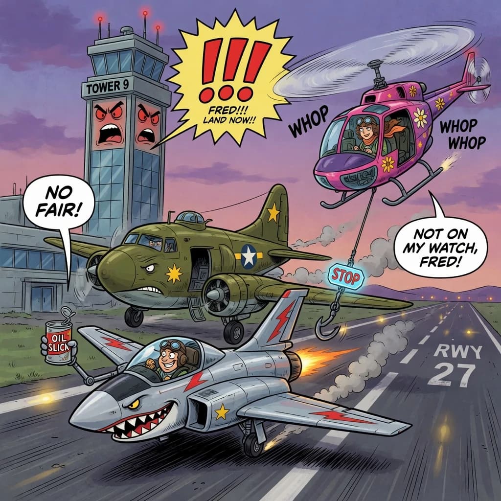 Almost at the runway, Fred the Fighter Jet is racing with Barry the Bomber to see who lands first. Fred has a mischievous trick up his sleeve but Hermione the Helicopter is going to stop him before he gets the chance. The control tower is very angry and has a big exclamation mark. Hand drawn cel look