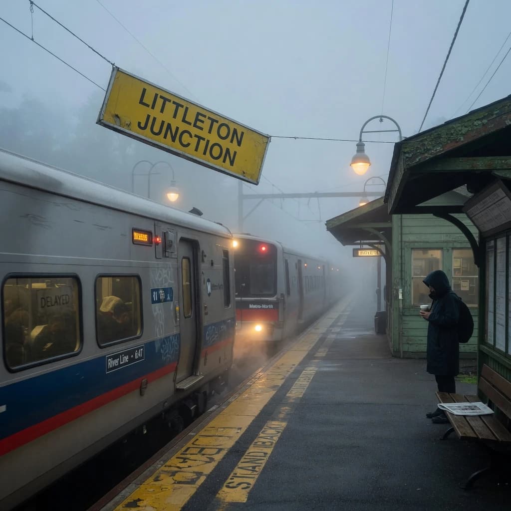 A commuter train enters a foggy little station.