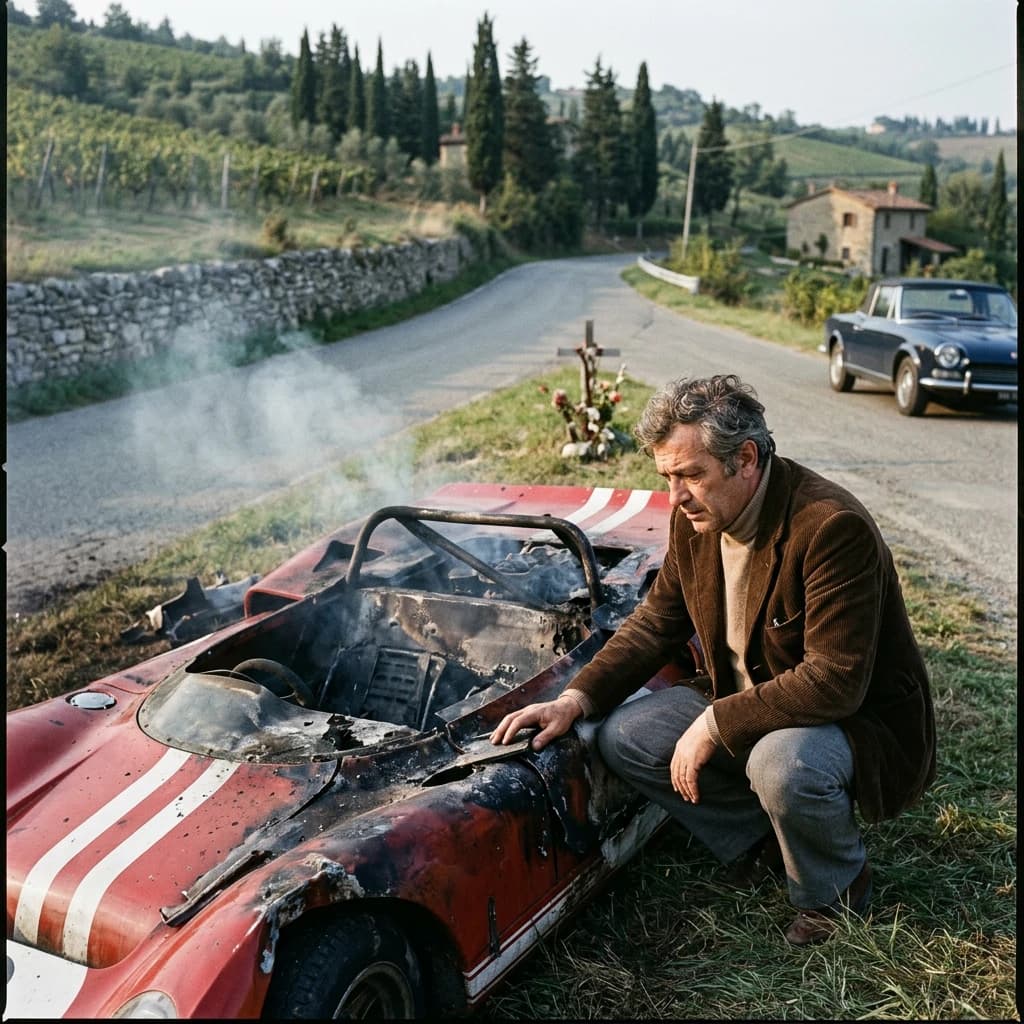 Mario examines the still smouldering wreck of the crash that took his best driver on the side of the country road. He designed this car and caused this. 3 days have passed since the crash. It's 1973 in Northern Italy.