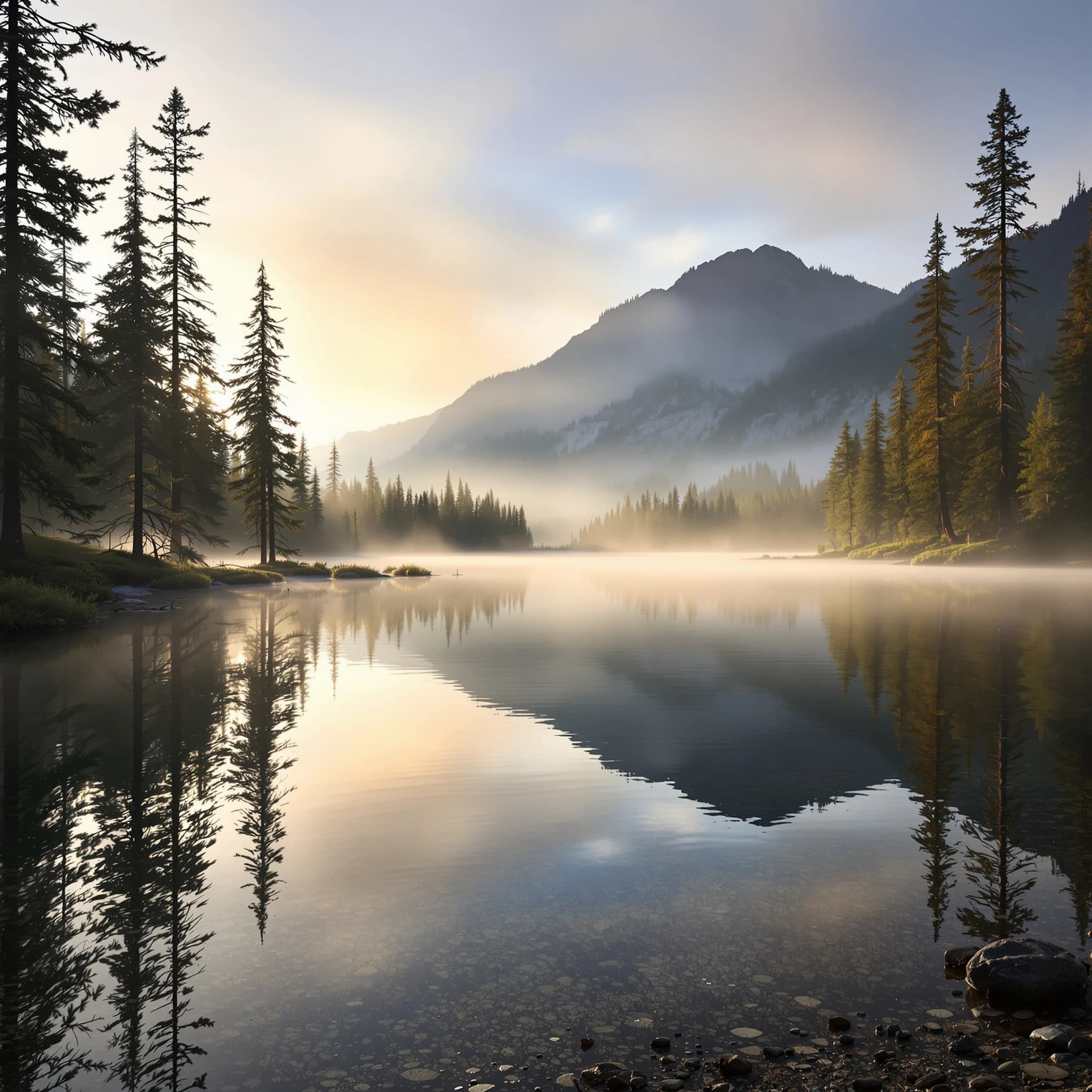 I want a photo of a misty alpine lake at dawn, pines, glassy water, warm light.