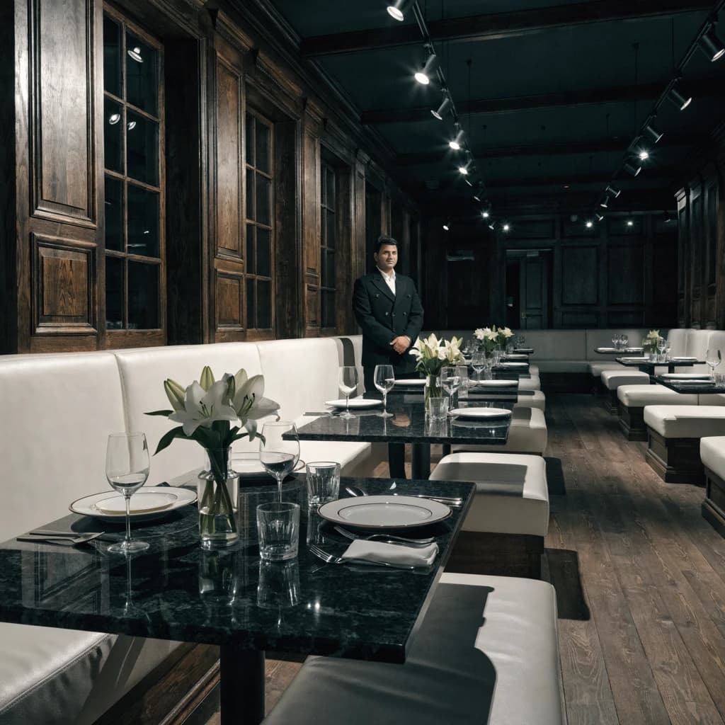 The place is almost empty. The banquettes are covered in white leather, the tables black granite, and the entire room is bathed in halogen track lighting that seems too bright. The maître d’ wears a double-breasted wool crepe jacket. There are lilies on every table.