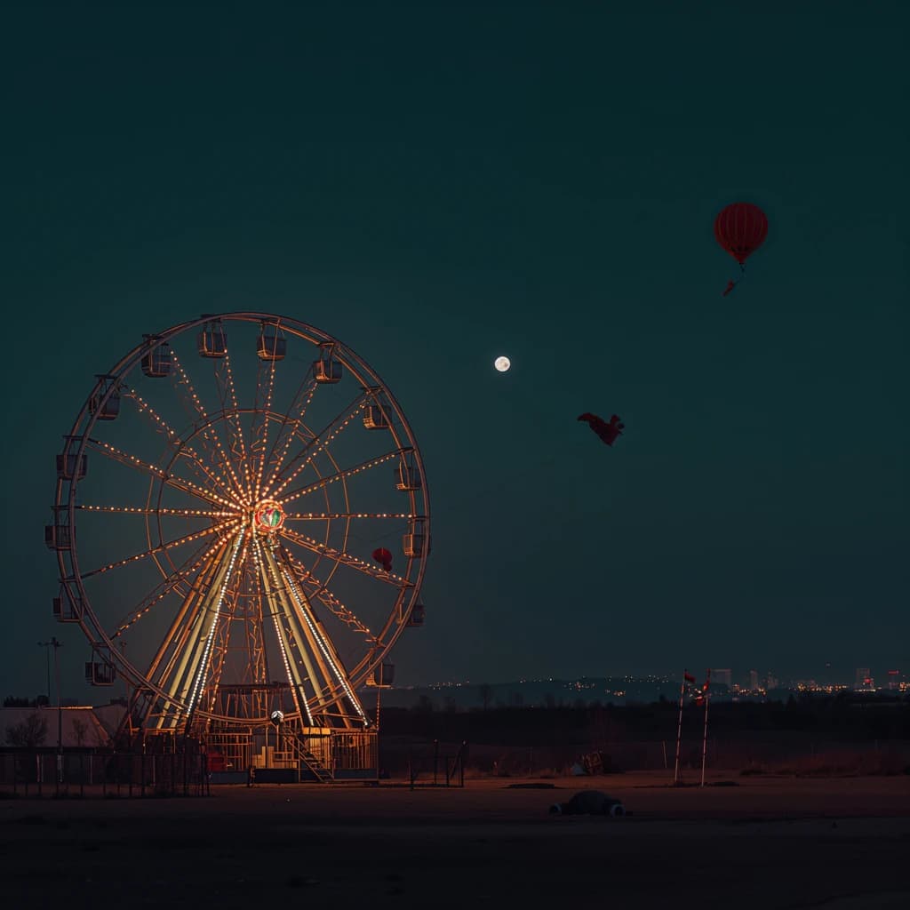 A deserted amusement park glows faintly under a half-moon. The ferris wheel is rusting yet strung with fresh, blinking LED lights. A torn clown banner flaps in a windless air. A lone balloon floats upward, tethered to nothing, while in the far distance city lights flicker on - some neon, some gas lamps as though from another century. 'Artificial Analysis' glows in neon
