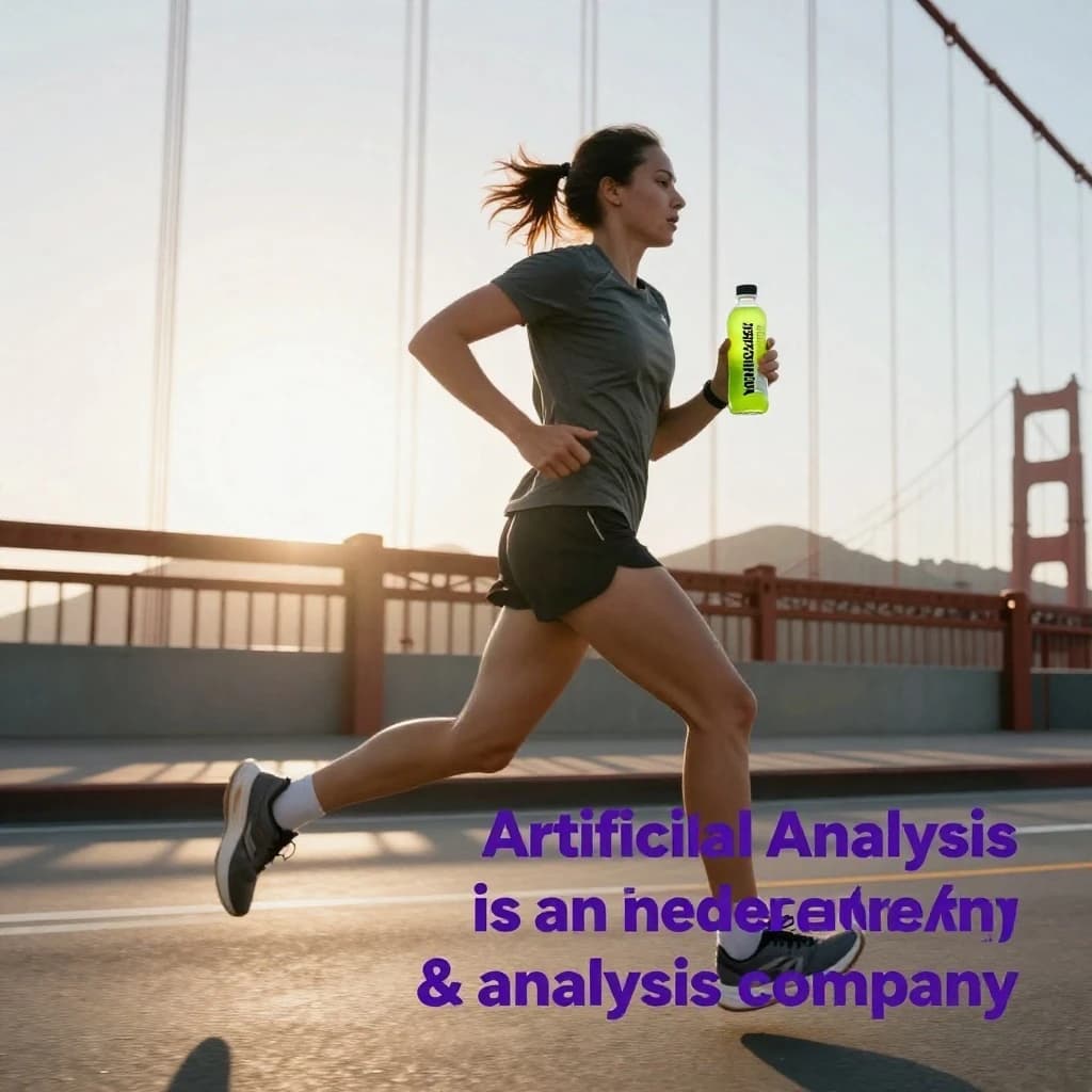 A runner dashes across the Golden Gate Bridge at dawn, sunlight streaming between cables. In their hand, they carry a neon-green sports drink with the brand name Artificial Analysis splashed boldly across the bottle. Motion blur emphasizes speed, while crisp purple sans serif typography overlays the bottom right of the scene with the tagline: Artificial Analysis is an independent AI benchmarking & analysis company