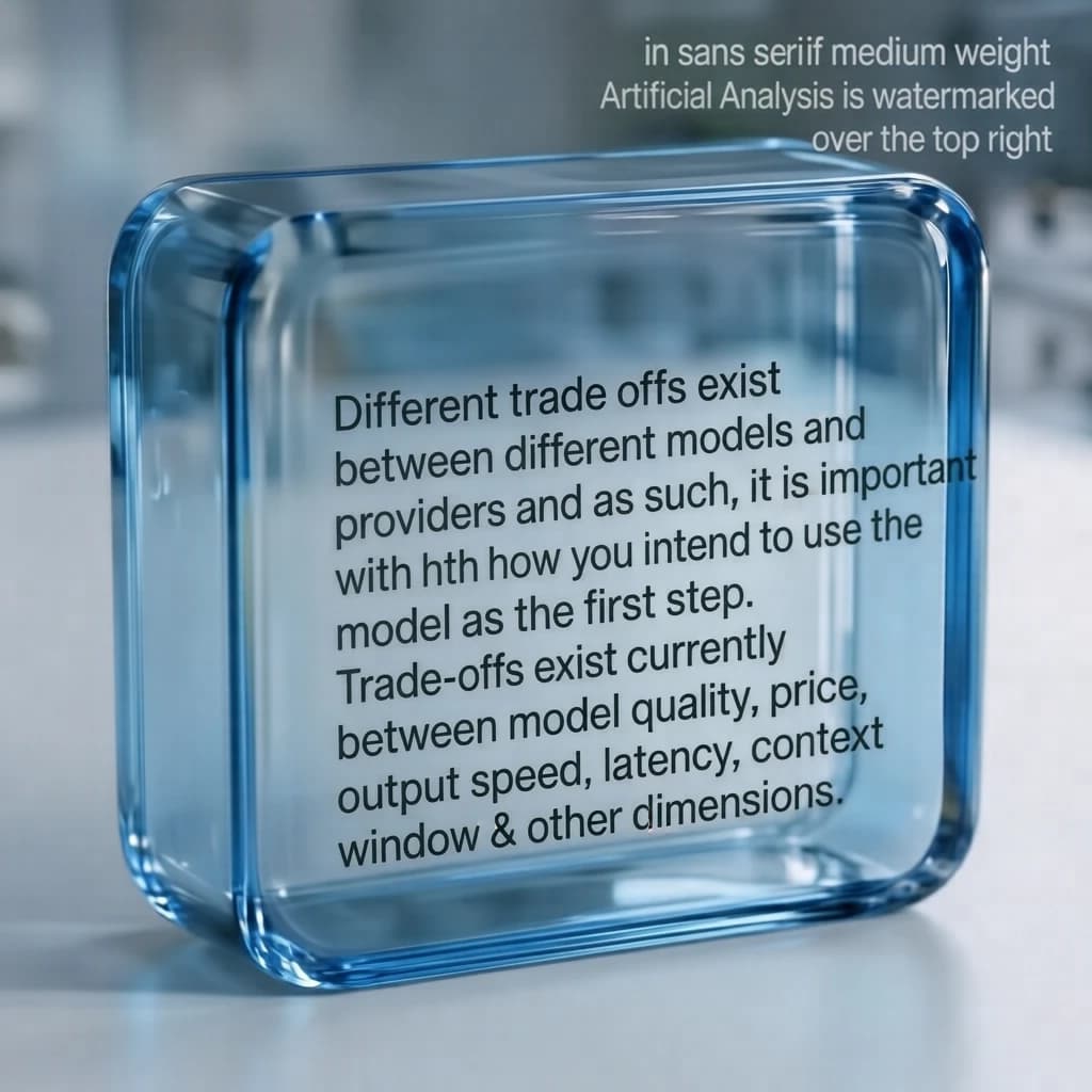 In a clear transparent blue glassy rounded box, etch "Different trade offs exist between different models and providers and as such, it is important to start with how you intend to use the model as the first step. Trade-offs exist currently between model quality, price, output speed, latency, context window & other dimensions. " in sans serif medium weight text. Artificial Analysis is watermarked over the top right 