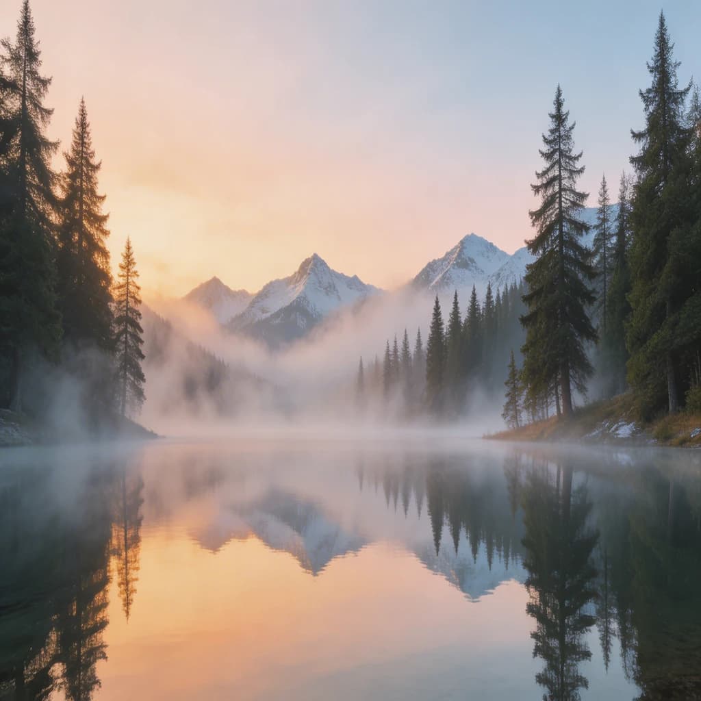 I want a photo of a misty alpine lake at dawn, pines, glassy water, warm light.
