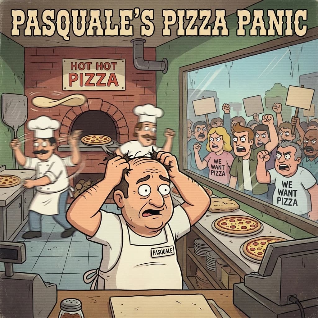 Pasquale is pulling his few remaining hairs out over a disaster at the pizzeria - the cooks are working as fast as they can but the crowds outside are swelling and they demand hot hot pizza! They are banging on the glass and some are wearing "we want pizza" shirts. 1980s western TV animation style.
