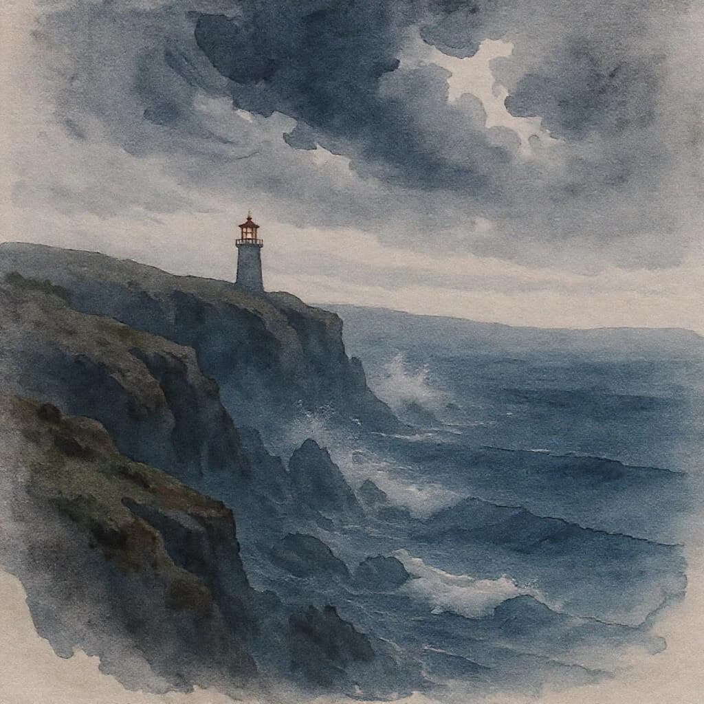 Please paint a watercolor of stormy cliffs and a lighthouse, moody sky.