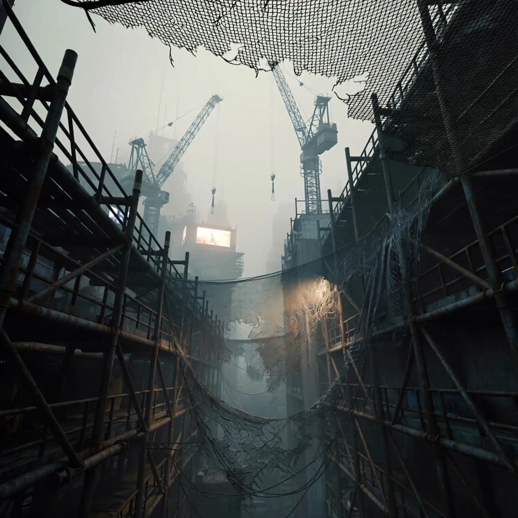 A construction site stretched upward into fog, cranes frozen in silhouette. Wind rattled scaffolding draped with torn mesh that glowed faintly from nearby billboards