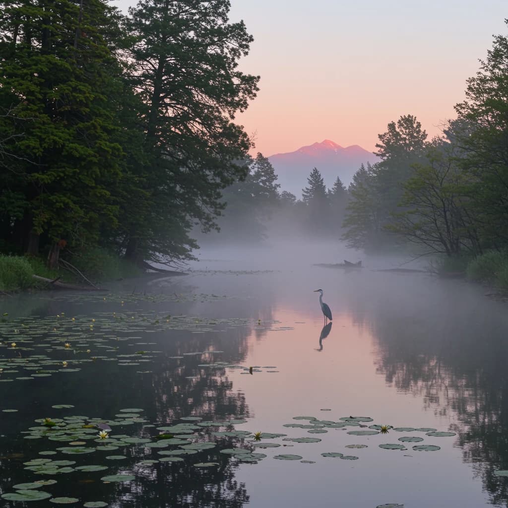 With pre-dawn mist along a cedar forest river and glassy water dotted with lily pads, distant mountains blush pink, and a heron stands still like it forgot what to do next.