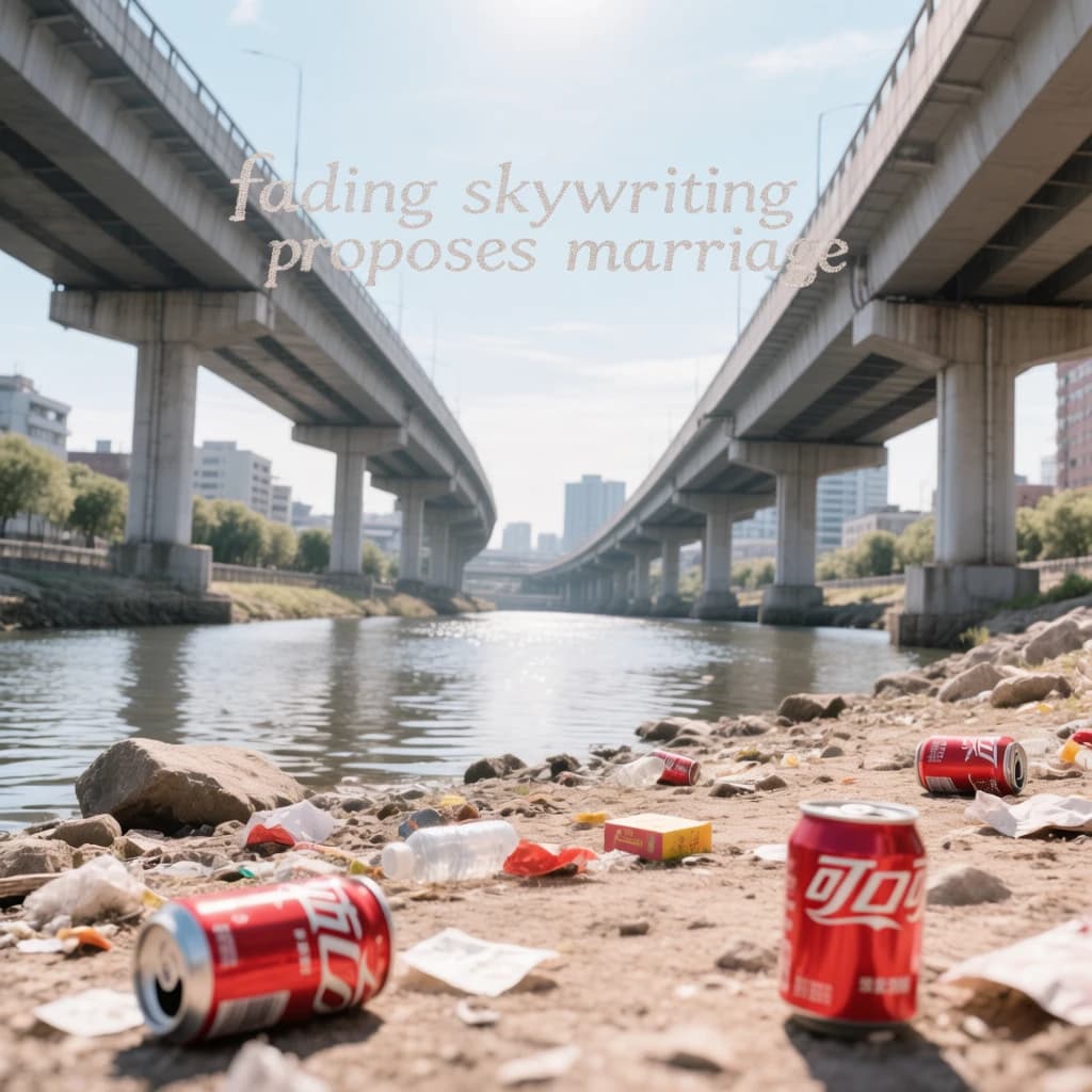 Red soda cans and other garbage sit strewn across the bank of an urban river only a few metres wide. Concrete overpasses criss cross overhead on a bright and sunny day. Fading skywriting proposes marriage