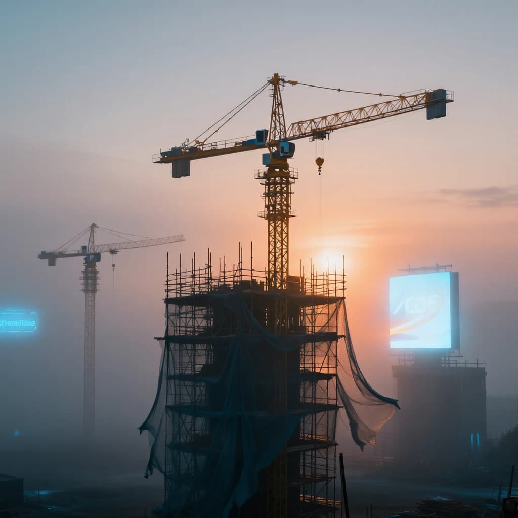A construction site stretched upward into fog, cranes frozen in silhouette. Wind rattled scaffolding draped with torn mesh that glowed faintly from nearby billboards