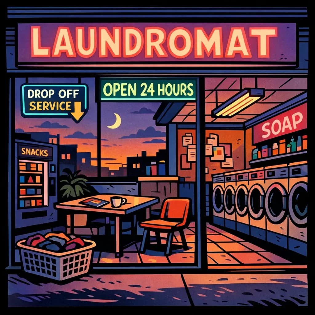 A cozy laundromat at dusk, neon humming, flat colors, bold inked lines.
