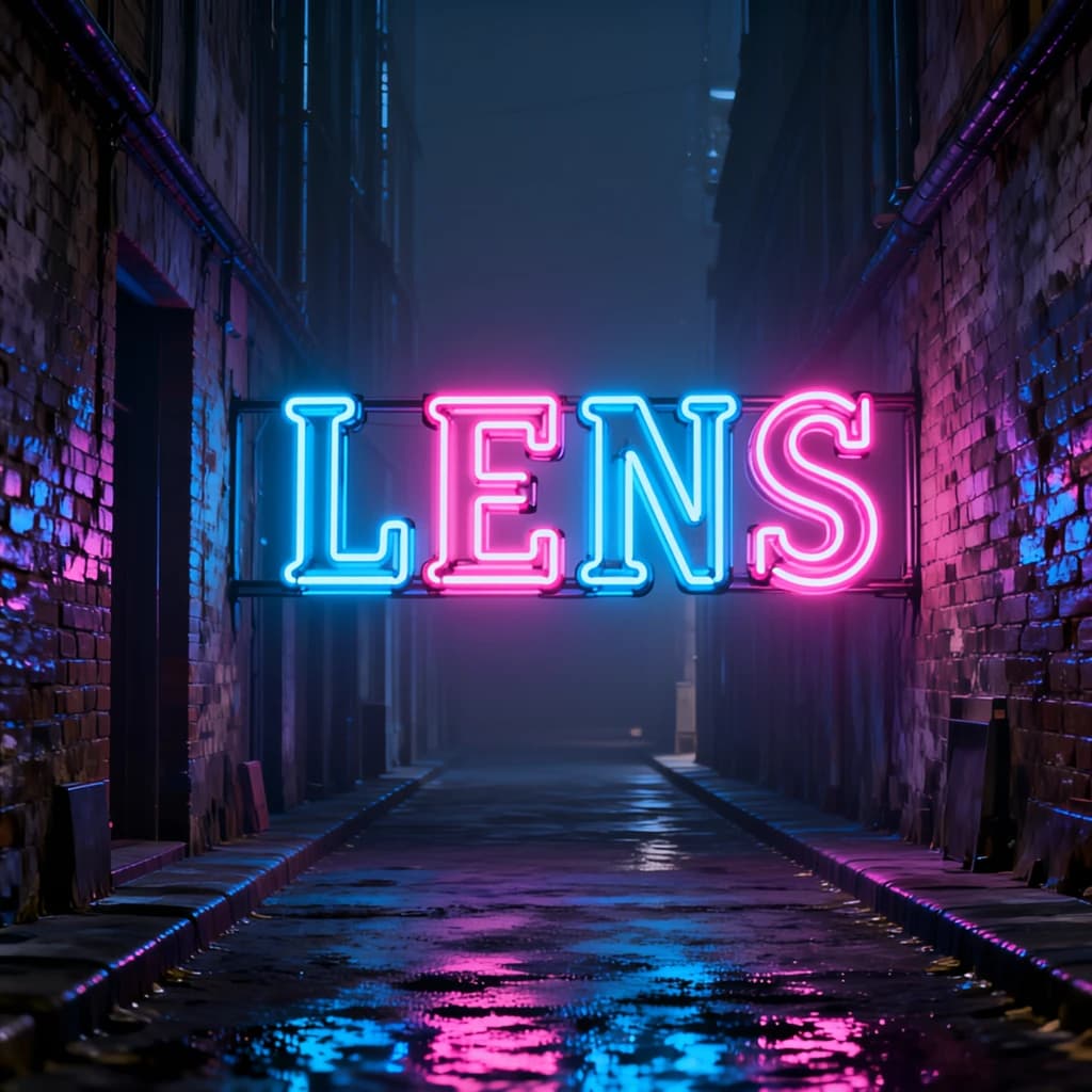 Neon serif letters flicker in a foggy alley, wet asphalt glowing a bit.