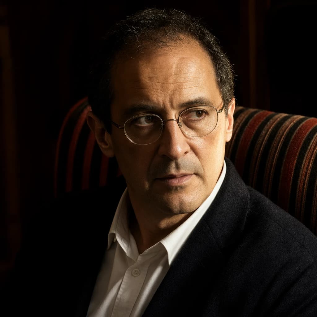 A sharply lit portrait of a middle-aged man wearing thin-rimmed glasses and a dark jacket over a white collared shirt. He gazes intently to the side, his face half illuminated by warm light while the background recedes into deep shadow. The expression is thoughtful, almost wary, as if caught mid-conversation. Behind him, a striped cushion in muted reds and blacks adds subtle texture, contrasting with the crisp highlights on his forehead and glasses. The overall mood is contemplative and cinematic, balancing warmth with tension.