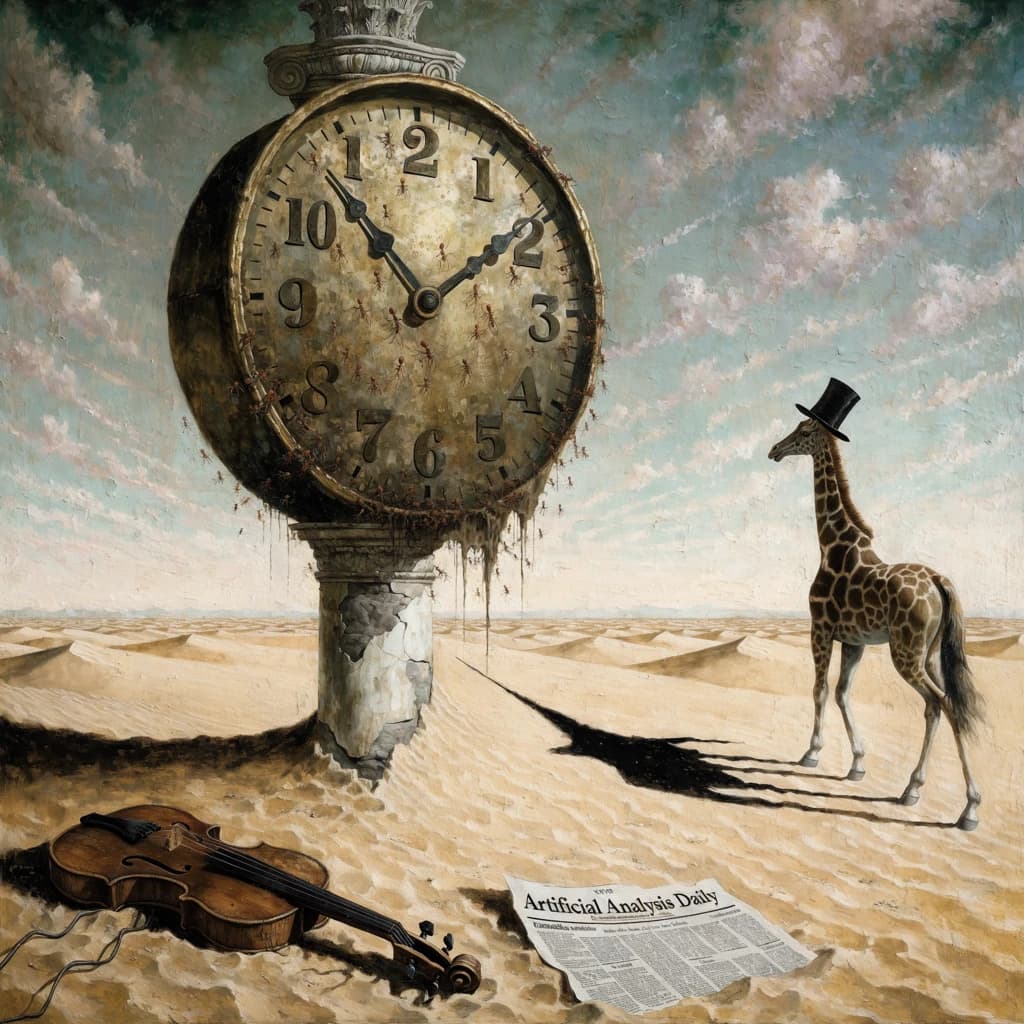 A vast desert plain stretches endlessly under a sky streaked with pale pink and ochre clouds. In the center stands a colossal clock, its face drooping and melting over the edge of a broken marble column. Ants swarm across its warped surface, glinting in the harsh sunlight. To the right, a horse with a giraffe like neck wearing a top hat strides toward the horizon, its shadow stretching miles across the sand. A cracked violin lies half-buried in the foreground, strings snapping outward like veins. Painted in the dreamlike surrealist style. A newspaper named the "Artificial Analysis Daily" lies on the Floor.