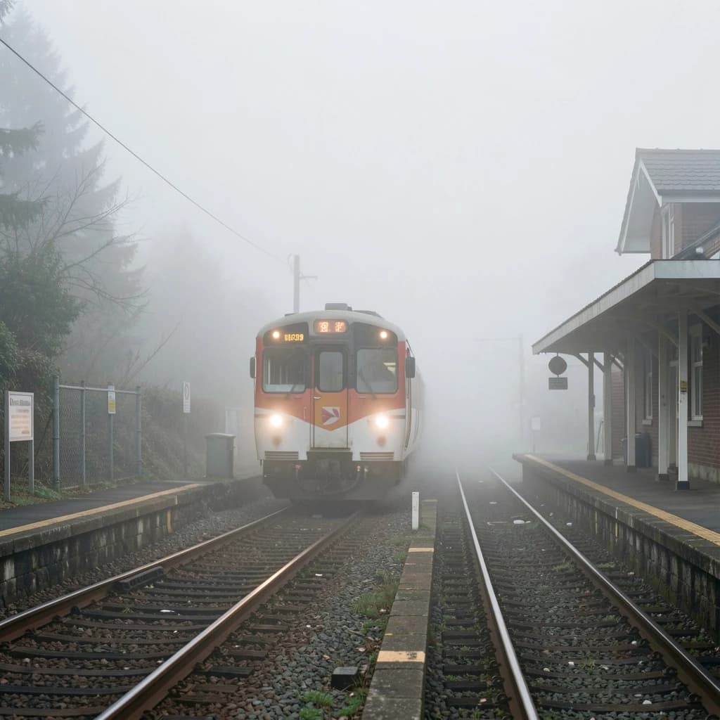 A commuter train enters a foggy little station.