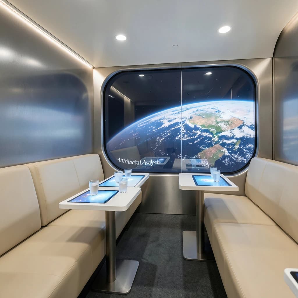 The orbital lounge has brushed aluminum walls and pale leather banquettes. Low white tables are inset with glowing touchscreens. Drinks are clear, flavorless, in tall unmarked glasses. The viewport is floor-to-ceiling, showing Earth moving slowly beneath. The word Artificial Analysis is etched discreetly on the glass in a frosted band.