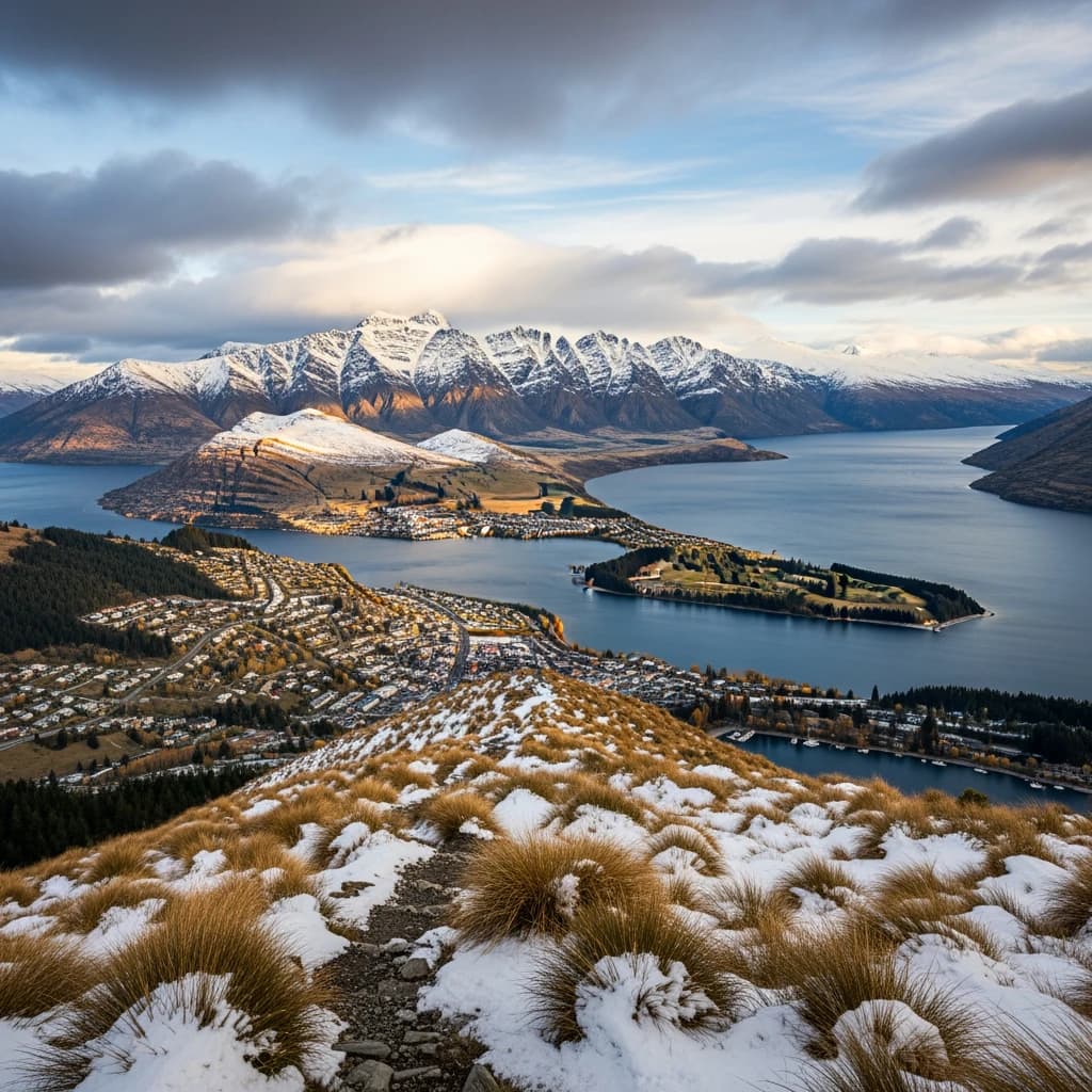 Queenstown's Lake Wakatipu, viewed from the top of Queenstown Hill after a snowstorm just dusted the top of Cecil's Peak