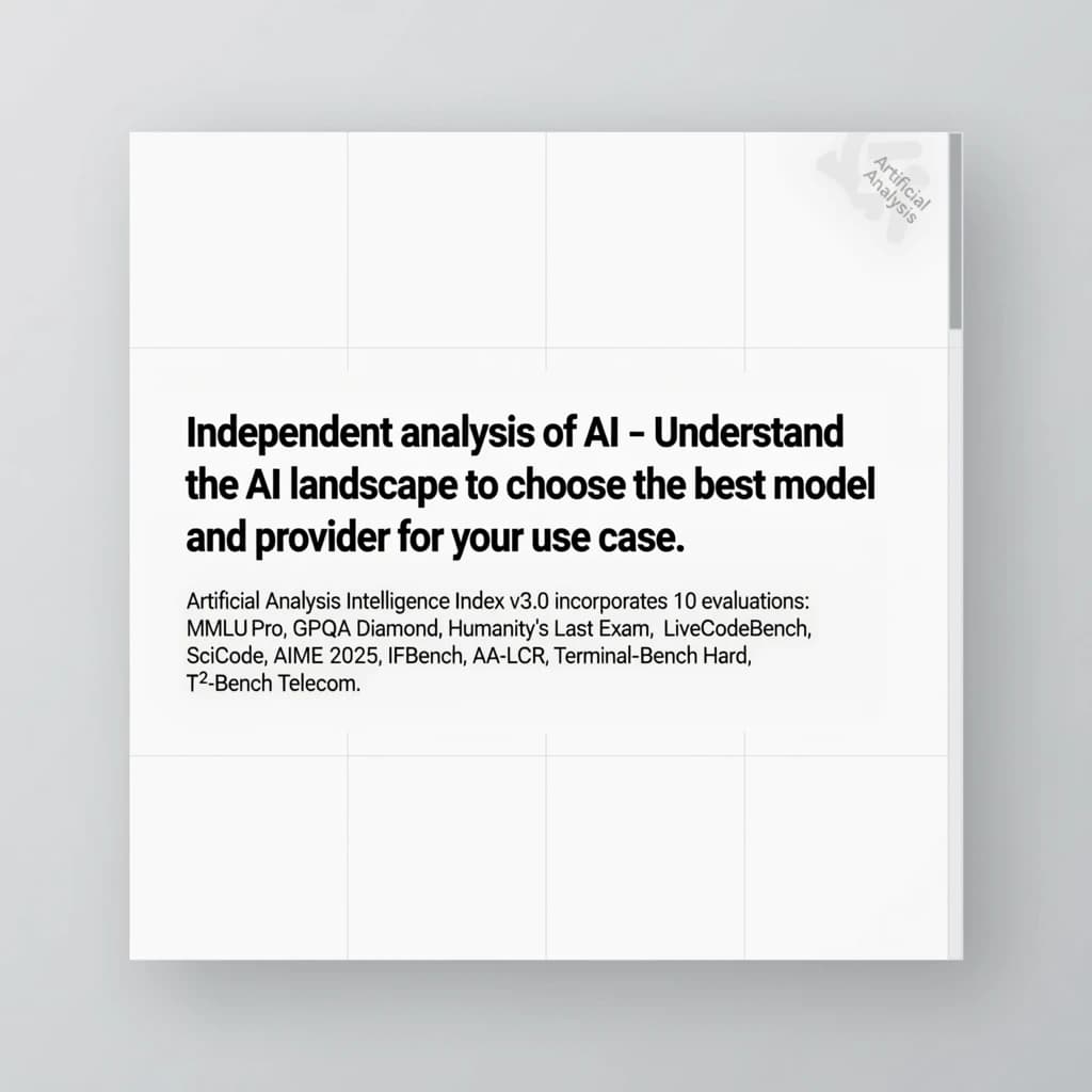 On a white dashboard with thin gray dividers, place a centered header in Helvetica Neue Bold, 20pt: “Independent analysis of AI - Understand the AI landscape to choose the best model and provider for your use case.” Directly beneath, a subheader in smaller Regular weight, 14pt: “Artificial Analysis Intelligence Index v3.0 incorporates 10 evaluations: MMLU-Pro, GPQA Diamond, Humanity's Last Exam, LiveCodeBench, SciCode, AIME 2025, IFBench, AA-LCR, Terminal-Bench Hard, 𝜏²-Bench Telecom.” The header is fully justified but the subheader is left-aligned. In the upper right corner, the Artificial Analysis logo appears watermarked, diagonal, faint gray, partially overlapping the scrollbar.