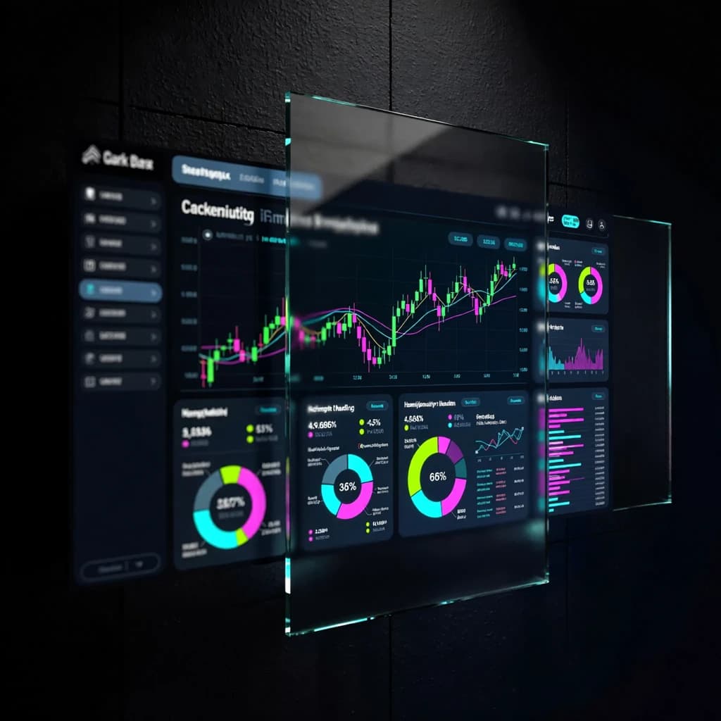 Make a dark mode finance dashboard with charts, glassmorphism, soft neon glow.