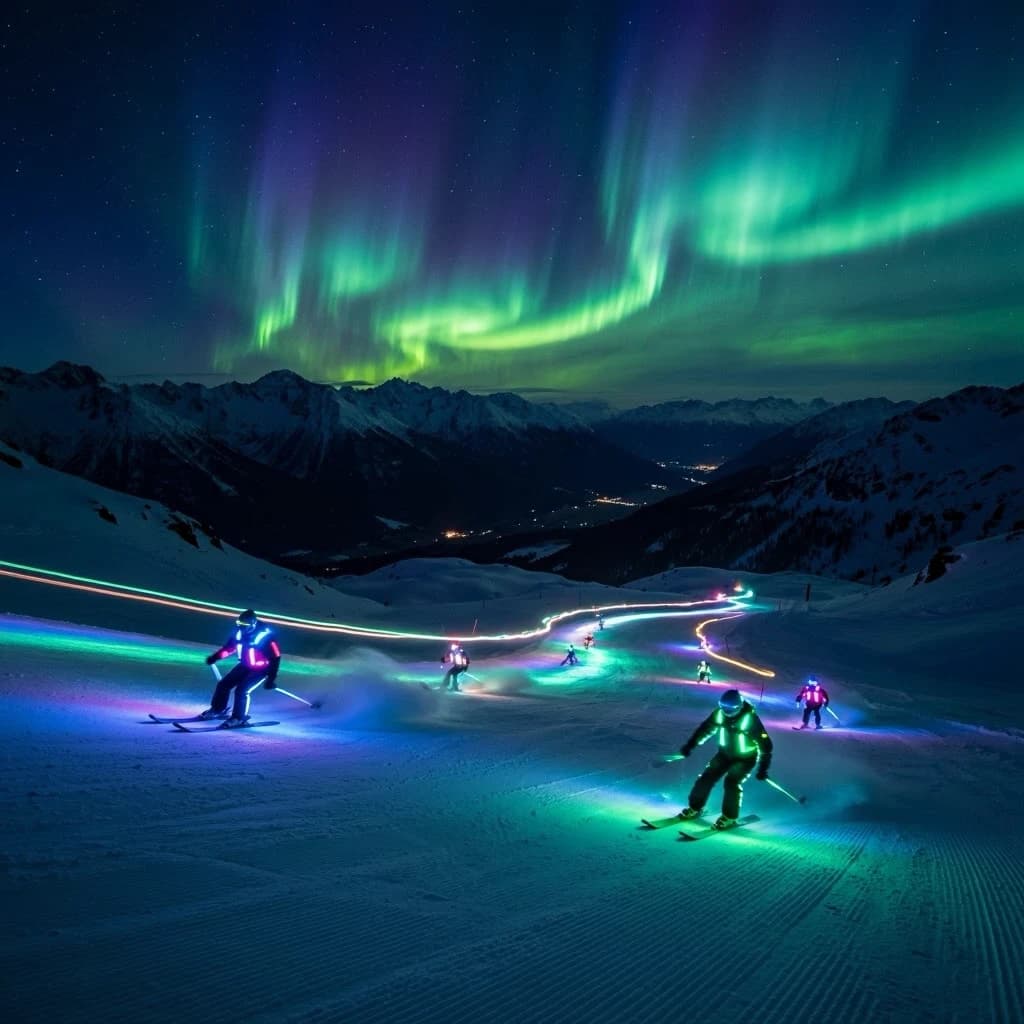 Coronet Peak Night Skiing: Skiers in colorful LED suits carve their way down the slopes of New Zealand's Coronet Peak under the Aurora Borealis, the skiers' light trails visible behind them