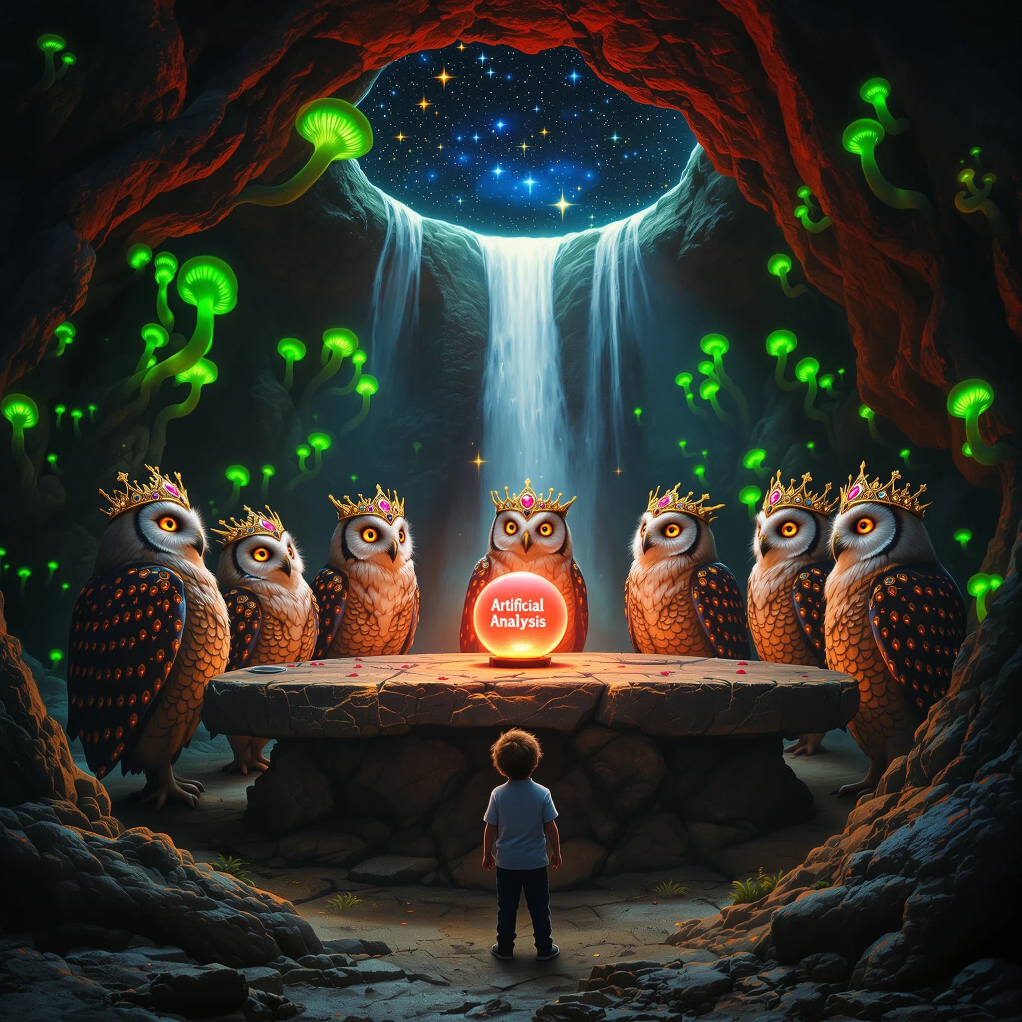 In a cavern lined with bioluminescent fungi glowing lime green, the council of owls wear jeweled crowns that glimmer with rubies, their wings folded behind their backs. Dust coats the stone table, a glowing orb inscribed with “Artificial Analysis” hovers above the table illuminating the owls with its red pulsating light. Behind them, a waterfall falls upward into a ceiling that opens onto stars - a child looks down in wonder from above at what he has stumbled across.