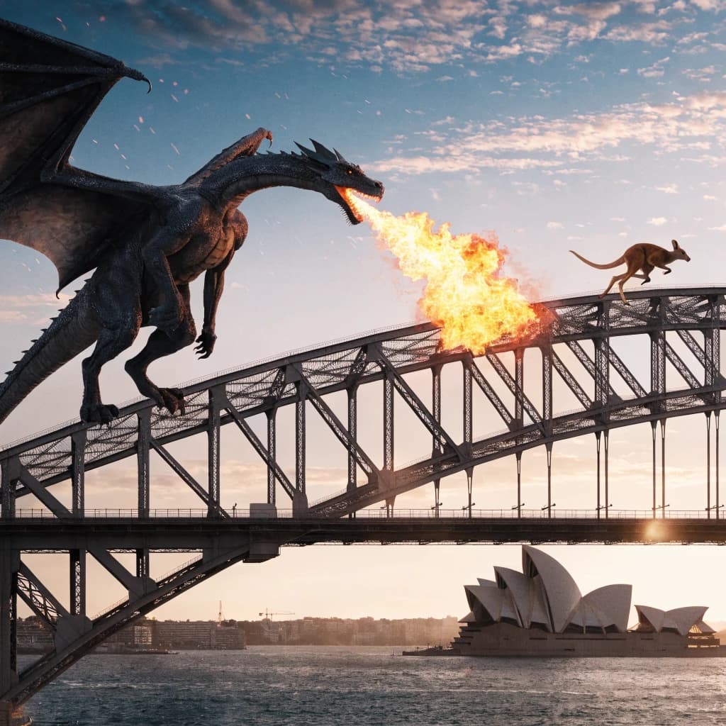 A dragon breathes fire at a kangaroo that is running away by climbing over the top of the Sydney Harbour Bridge. Opera House visible in the background.