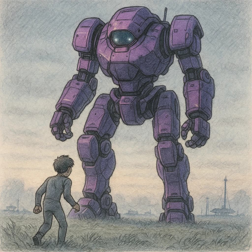Clad in his body suit up to the neck, young Masa nervously approaches the towering mech with his back facing us. He is nervous for his first time in the field. The mech's bright purple colour scheme contrasts with the grey body suit. The scale of the mech dwarfs Masa. Hand drawn style