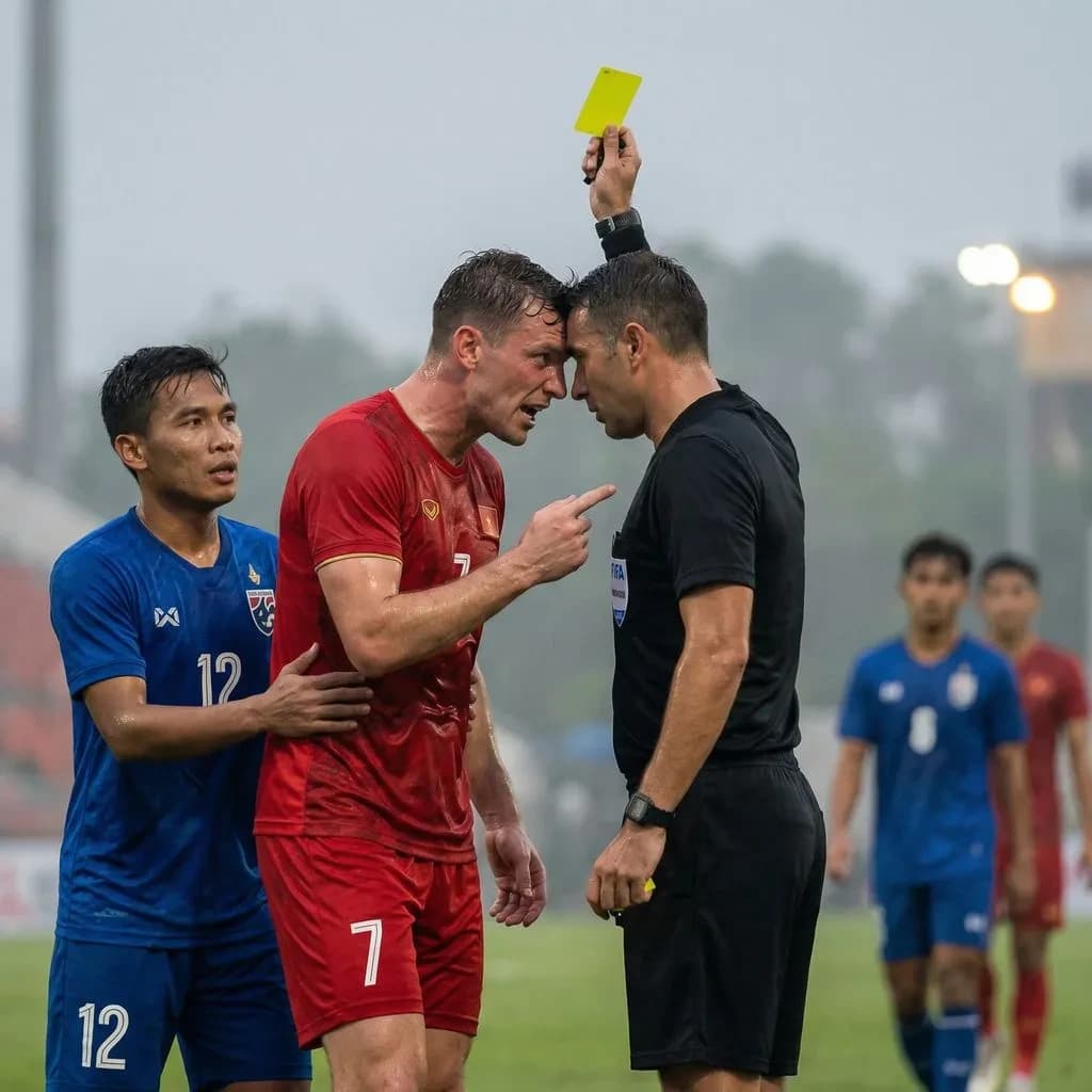 The soccer player clashes with the ref. It is thick and humid and the heat is getting to the players. His friend tries to pull him off before he causes any more trouble.