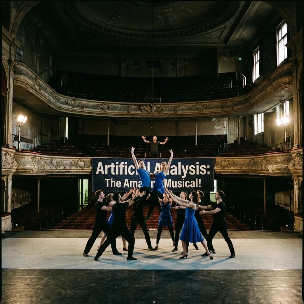 The musical troupe do a rehearsal in a large, empty theatre. 9 people are on the stage, half wear black and the others wear blue. The skinny bald director, seated in the second row, is practically leaping out of their seat with excitement as the leads nail their aerial. A giant banner reading "Artificial Analysis: The Amazing Musical!" is behind the actors.