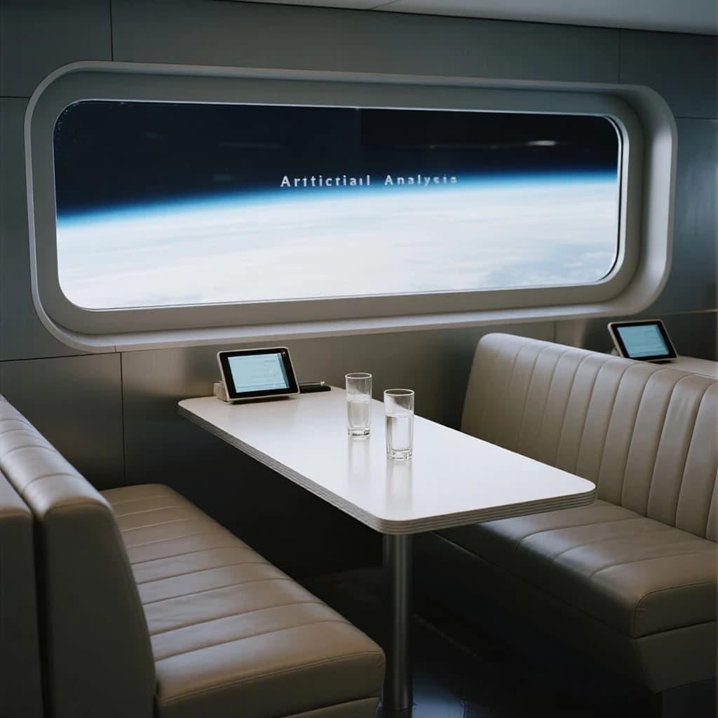 The orbital lounge has brushed aluminum walls and pale leather banquettes. Low white tables are inset with glowing touchscreens. Drinks are clear, flavorless, in tall unmarked glasses. The viewport is floor-to-ceiling, showing Earth moving slowly beneath. The word Artificial Analysis is etched discreetly on the glass in a frosted band.