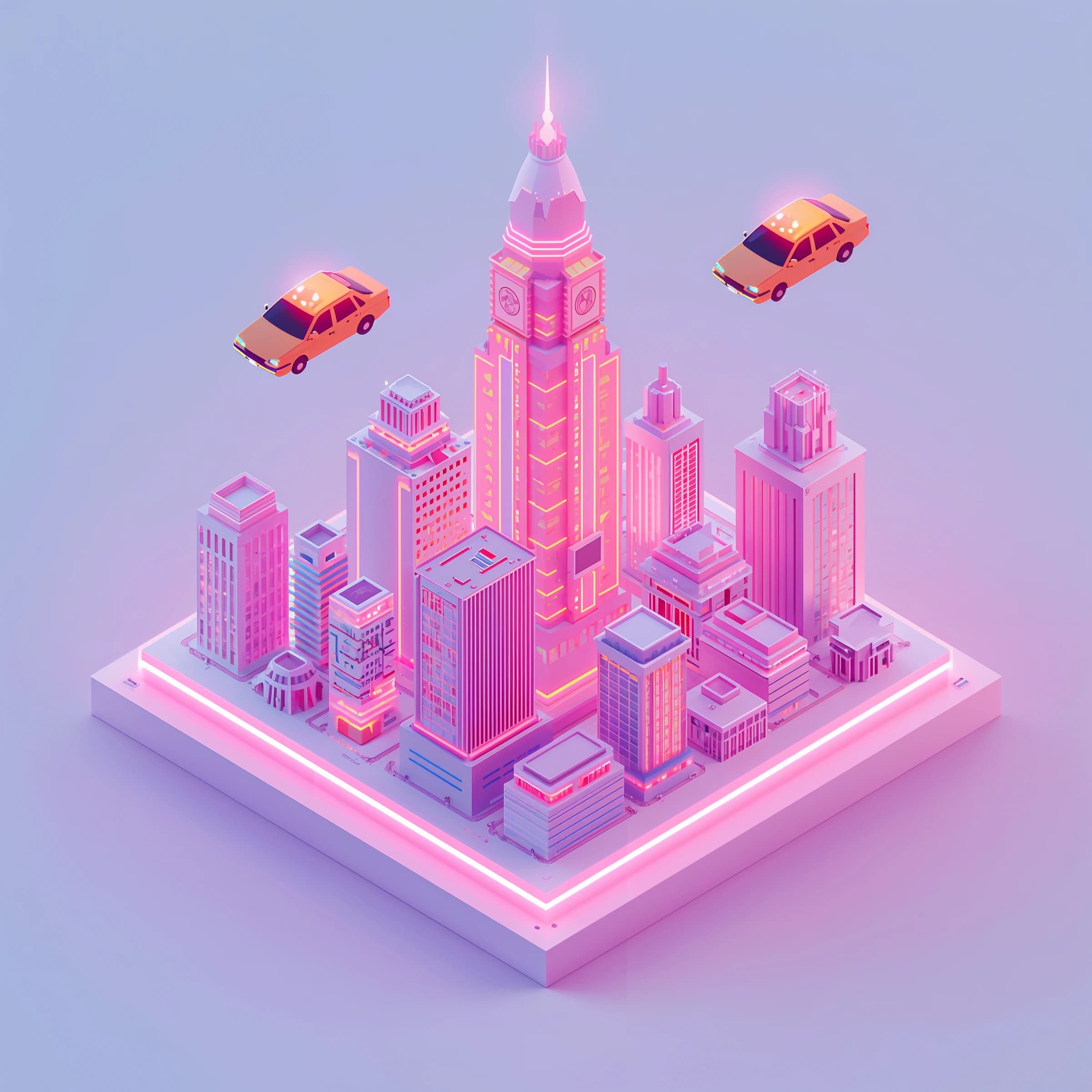 Design an isometric neon city with hovering taxis, clean lines, soft glow.