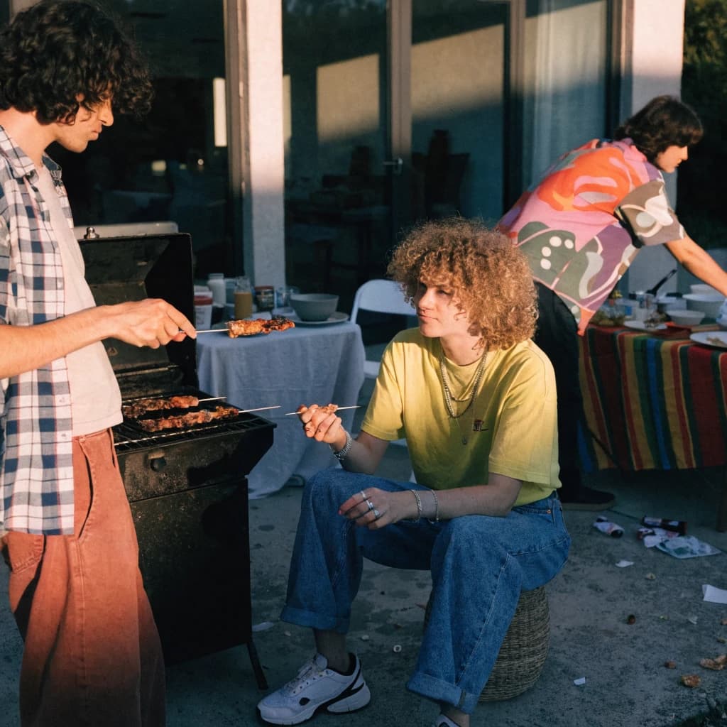 Friends grill skewers on a slightly messy patio.