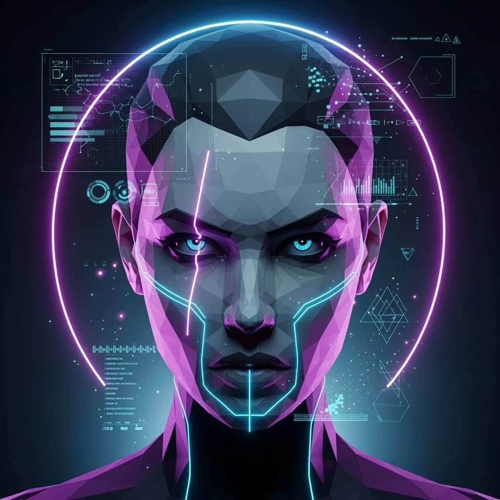 Render a stark 3D portrait of a stern woman, neon accents and vector overlays.