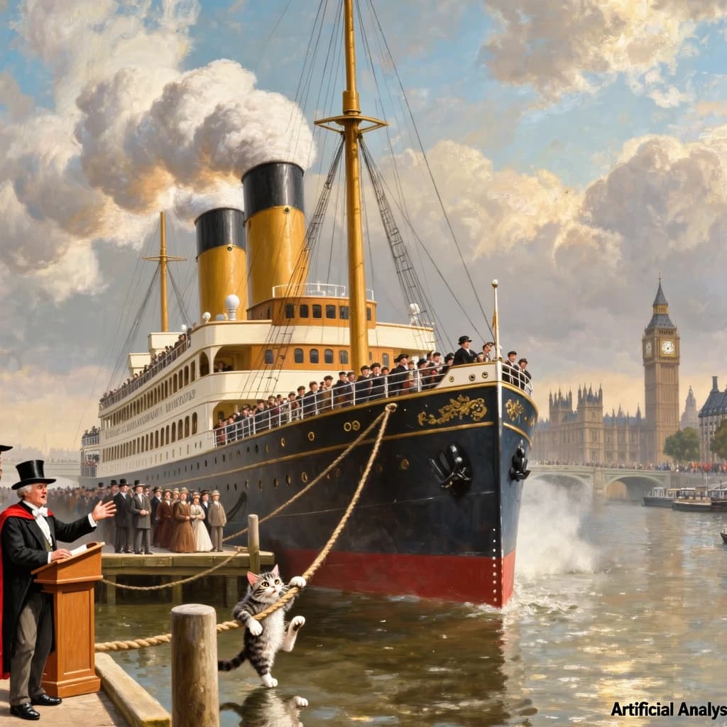 An impressionistic painting of the mighty steamer the "SS Unsinkable We Really Mean It This Time" on a cloudy but bright London morning about to set out on her maiden voyage. A jubilant crowd is gathered on the dock around the paunchy mayor who is making a speech, gesticulating wildly with his hands. The gangways are busy with well heeled ladies and gentlemen making their way onto the ship. A cheeky cat hangs over the water, clinging to the mooring rope after an ill-fated attempt to climb up. The artist has signed his name "Artificial Analysis" in the bottom corner
