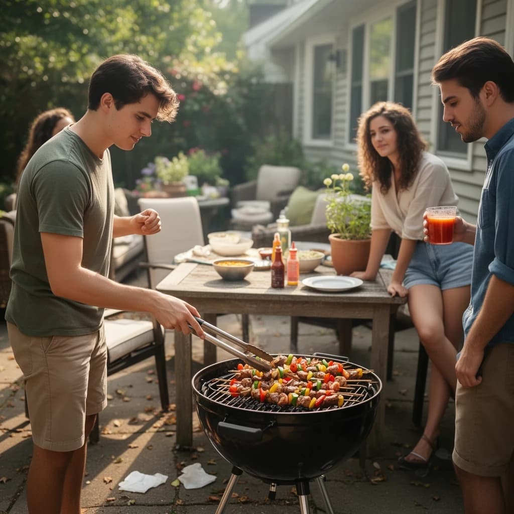 Friends grill skewers on a slightly messy patio.