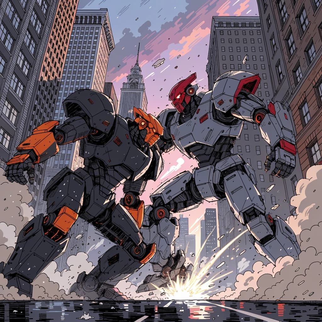 Make a cel-shaded mecha duel at dusk downtown.