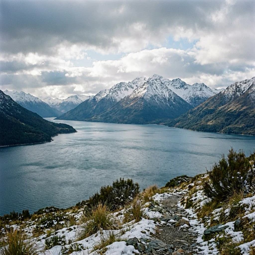 Queenstown's Lake Wakatipu, viewed from the top of Queenstown Hill after a snowstorm just dusted the top of Cecil's Peak
