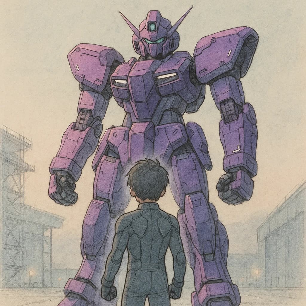 Clad in his body suit up to the neck, young Masa nervously approaches the towering mech with his back facing us. He is nervous for his first time in the field. The mech's bright purple colour scheme contrasts with the grey body suit. The scale of the mech dwarfs Masa. Hand drawn style