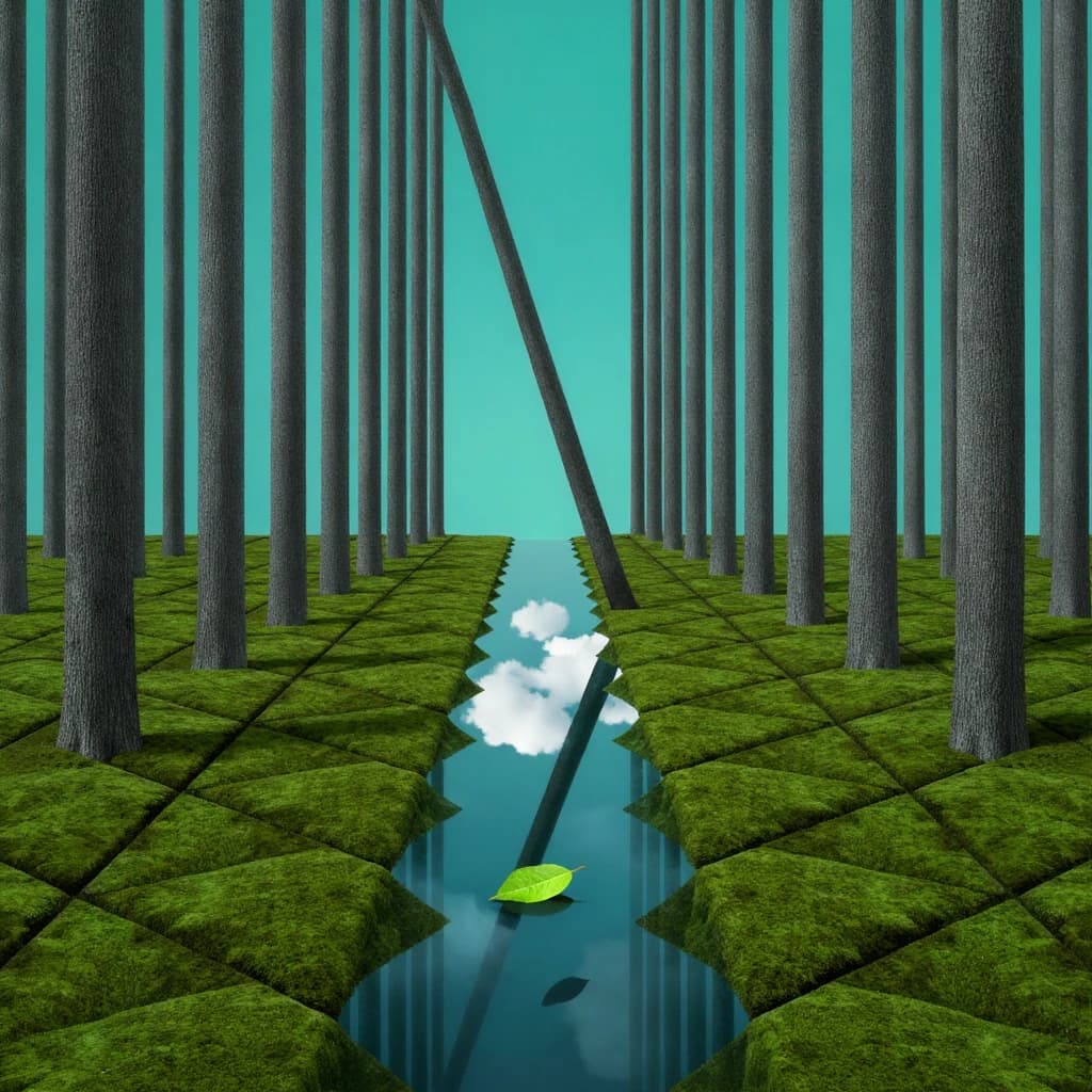 The forest is saturated green, trees identical in height and width, trunks straight, bark texture repeating. One trunk leans diagonally yet the branches remain vertical. The moss is emerald, glistening, though each patch forms identical diamond shapes. A stream runs straight, perfectly linear, water clear, reflecting clouds not visible in the sky. No animals, no insects, but one leaf floats on the water, doubled, showing two overlapping shadows.