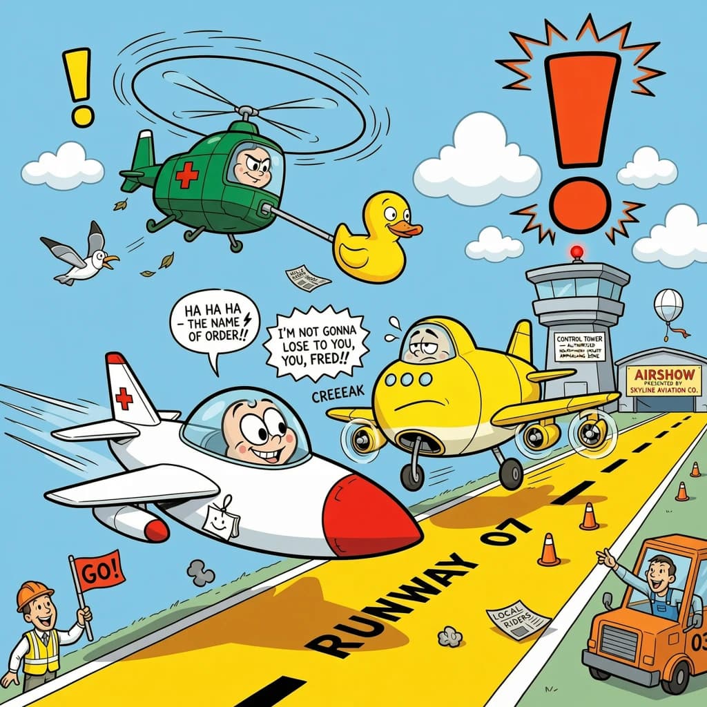 Almost at the runway, Fred the Fighter Jet is racing with Barry the Bomber to see who lands first. Fred has a mischievous trick up his sleeve but Hermione the Helicopter is going to stop him before he gets the chance. The control tower is very angry and has a big exclamation mark. Hand drawn cel look